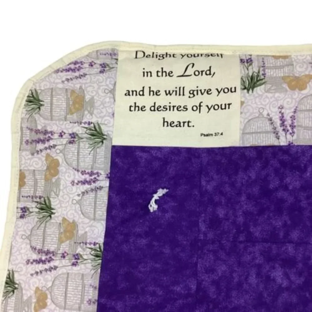 Patchwork Quilt Wall Hanging Blanket 38x49 Psalm 37:4 Lavender Butterfly Purple